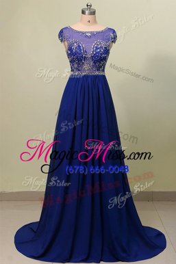 Flare Scoop Cap Sleeves Dress for Prom With Train Beading and Appliques Navy Blue Elastic Woven Satin