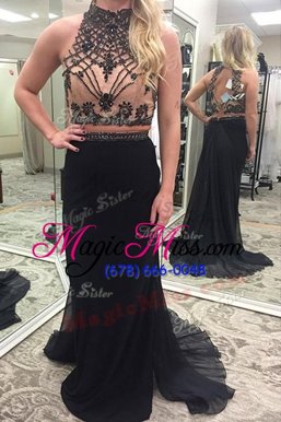 Popular Black Backless High-neck Appliques and Belt Prom Gown Chiffon Sleeveless Brush Train