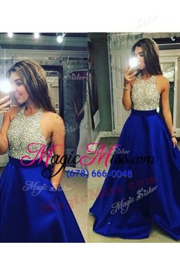 Halter Top Sleeveless Backless Prom Gown Blue Chiffon