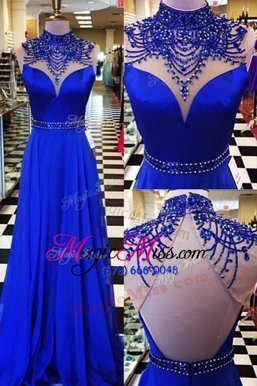 Chiffon High-neck Sleeveless Sweep Train Backless Beading Prom Gown in Royal Blue