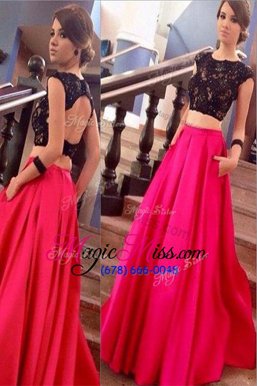 Popular Scoop Short Sleeves Prom Dress Brush Train Lace Coral Red Satin