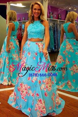 Fitting Halter Top Sleeveless Satin Sweep Train Zipper Prom Dresses in Aqua Blue for with Lace and Embroidery