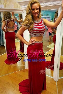 Best Selling Scoop Zipper Dress for Prom Red and In for Prom and Party with Beading Brush Train