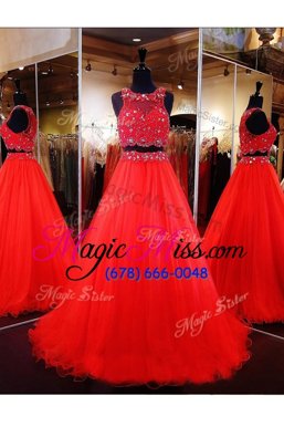 Glamorous Scoop Sleeveless Prom Gown Floor Length Beading Coral Red Organza