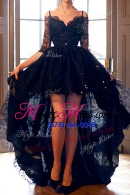 Sumptuous Black Cocktail Dresses Prom and Party and For with Lace Off The Shoulder Half Sleeves Backless
