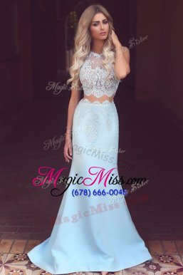 Dazzling Mermaid Scoop Lace Prom Party Dress Light Blue Zipper Sleeveless Sweep Train
