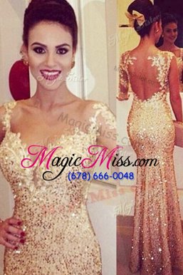 Shining Gold Mermaid Lace and Appliques and Sequins Celebrity Inspired Dress Backless Tulle Long Sleeves Floor Length
