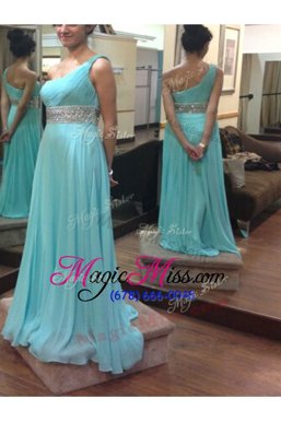 Top Selling One Shoulder Sleeveless Prom Evening Gown Floor Length Beading and Sashes|ribbons Blue Chiffon
