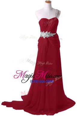 Elegant Burgundy Prom Gown Prom and For with Beading One Shoulder Sleeveless Watteau Train Zipper