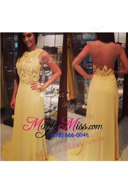 Modest Yellow Backless Scoop Lace Homecoming Dress Chiffon and Tulle Sleeveless