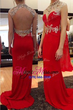 Customized Red Sleeveless With Train Beading Backless Evening Dress