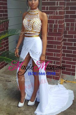 Beautiful With Train White Prom Party Dress High-neck Sleeveless Sweep Train Zipper