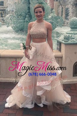 Inexpensive Scoop Champagne Tulle Zipper Dress for Prom Sleeveless Ankle Length Sequins