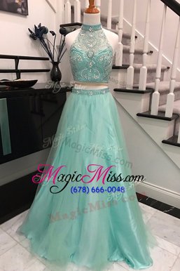 Hot Selling Turquoise A-line Halter Top Sleeveless Tulle With Train Sweep Train Backless Beading Evening Dress