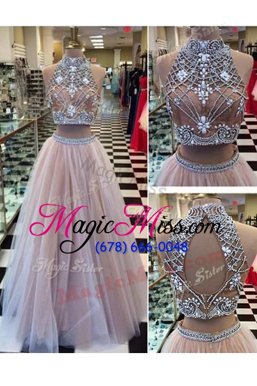 Chic Floor Length Two Pieces Sleeveless Pink Prom Gown Zipper
