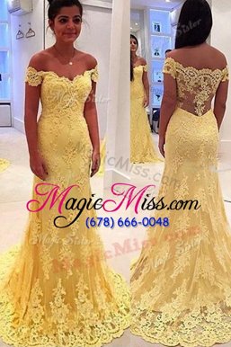 Custom Made Yellow Off The Shoulder Side Zipper Lace Prom Dress Brush Train Sleeveless