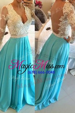 Traditional Long Sleeves Floor Length Lace Backless with Blue