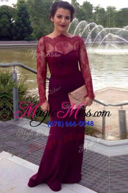 Perfect Scalloped Long Sleeves With Train Lace Clasp Handle Prom Party Dress with Fuchsia Brush Train