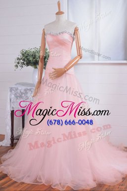 Hot Selling Pink Organza Zipper Prom Evening Gown Sleeveless With Train Sweep Train Beading and Ruching