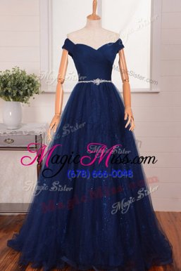 Glittering Navy Blue Organza Zipper Off The Shoulder Sleeveless With Train Prom Evening Gown Brush Train Belt