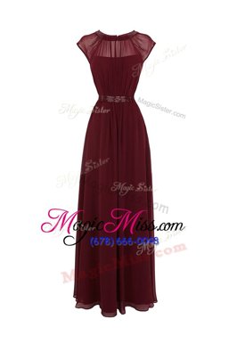 Most Popular Scoop Chiffon Cap Sleeves Floor Length Homecoming Dress and Beading