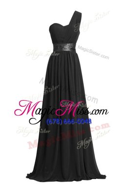 Custom Fit One Shoulder Ruching and Belt Prom Evening Gown Black and Red and Blue and Green and Purple and Yellow Zipper Sleeveless Floor Length