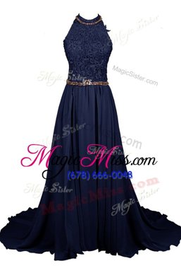Exquisite Lavender Chiffon and Lace Zipper Halter Top Sleeveless Floor Length Prom Dress Beading