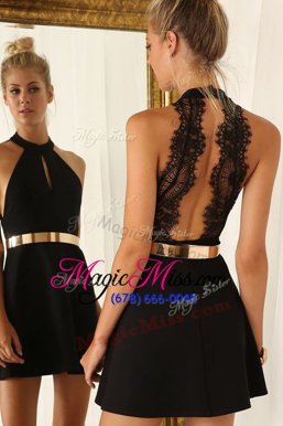 High Class Halter Top Sleeveless Homecoming Party Dress Mini Length Belt Black Satin