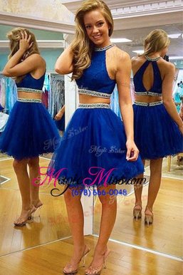 Artistic Royal Blue Two Pieces Halter Top Sleeveless Tulle Knee Length Zipper Beading Cocktail Dress