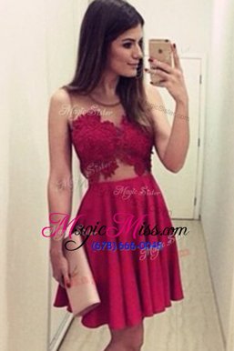 Best Selling Burgundy A-line Scoop Sleeveless Satin Knee Length Zipper Appliques Homecoming Party Dress