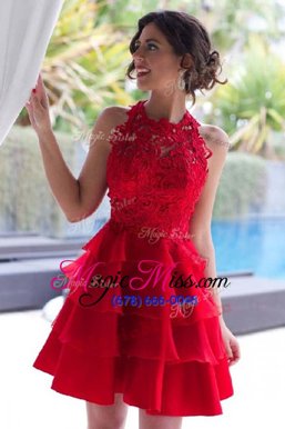 Exquisite Halter Top Sleeveless Tulle Knee Length Zipper in Red for with Lace and Ruffled Layers