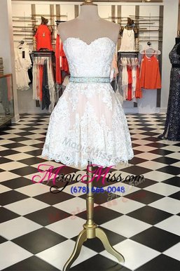 Stylish White Lace Zipper Sweetheart Sleeveless Knee Length Prom Dresses Lace