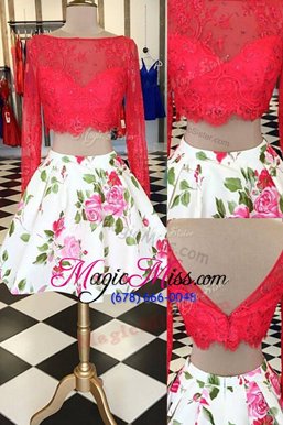 Lace Knee Length A-line Long Sleeves Red Prom Dress Zipper