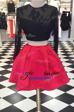 Suitable Red A-line Satin and Lace Scoop Long Sleeves Lace Knee Length Zipper Prom Evening Gown