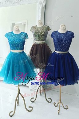 Exquisite Blue and Baby Blue and Grey Prom Evening Gown Prom and Party and For with Beading Scoop Cap Sleeves Zipper