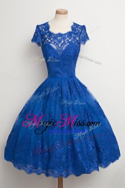 Royal Blue A-line Scalloped Cap Sleeves Lace Knee Length Zipper Lace