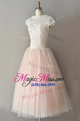 Clearance Pink A-line Lace Prom Gown Zipper Tulle Cap Sleeves Knee Length
