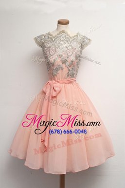 Top Selling Scalloped Pink Cap Sleeves Appliques Knee Length Prom Dress