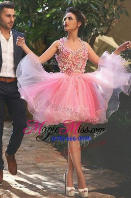 Fancy Peach Zipper Halter Top Beading and Appliques Prom Gown Organza Sleeveless