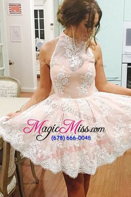 Deluxe Champagne Sleeveless Lace Mini Length Prom Dress