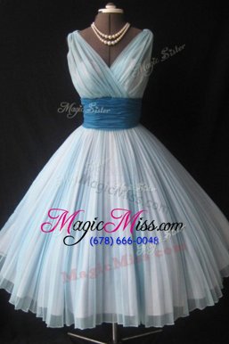Ball Gowns Prom Gown Blue V-neck Chiffon Sleeveless Knee Length Zipper
