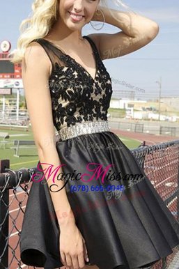 Classical Black Evening Dress Prom and Party and For with Beading and Appliques V-neck Sleeveless Zipper