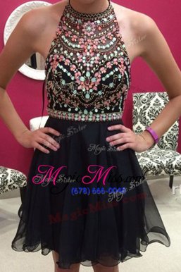 Luxurious A-line Prom Party Dress Black Halter Top Chiffon Sleeveless Mini Length Zipper