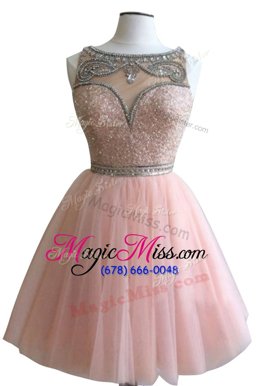Best Bateau Sleeveless Dress for Prom Mini Length Beading Pink Tulle