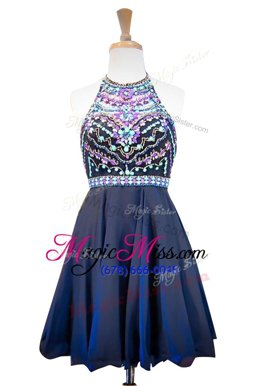 Halter Top Sleeveless Chiffon Mini Length Side Zipper Homecoming Dress in Navy Blue for with Beading