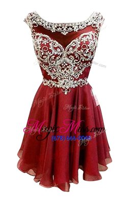 Classical Wine Red A-line Beading and Sashes|ribbons Homecoming Dress Zipper Chiffon Cap Sleeves Mini Length