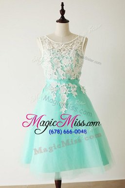 Ideal Sleeveless Tulle Knee Length Zipper in Aqua Blue for with Lace and Sashes|ribbons