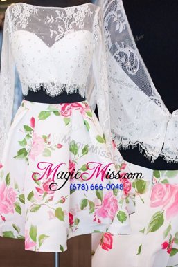 Attractive White Satin Zipper Bateau Long Sleeves Mini Length Homecoming Dresses Beading and Lace