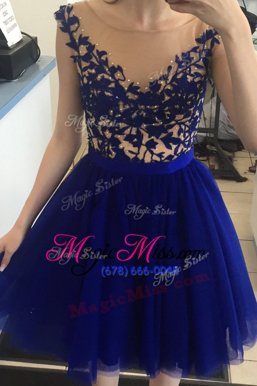 Captivating Mini Length Royal Blue Prom Party Dress Tulle Cap Sleeves Beading