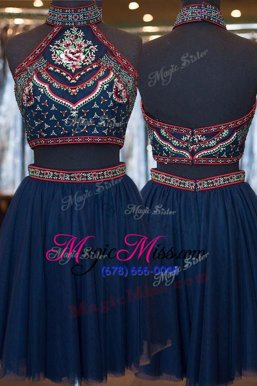 Navy Blue A-line Tulle High-neck Sleeveless Embroidery Knee Length Zipper Evening Dress